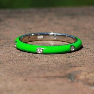 New Green Rainbow Enamel Band, Sterling Silver Stacking Ring